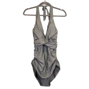 COCOPEAR Womens Swimsuit 4XL‎ 16/18 Light Sage Green Halter Ruched Plunge